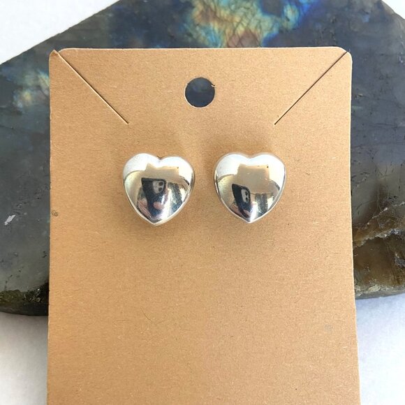 Sterling Silver 925 Italy 0.5" Hollow Puffy Heart Stud Earrings - Picture 1 of 16